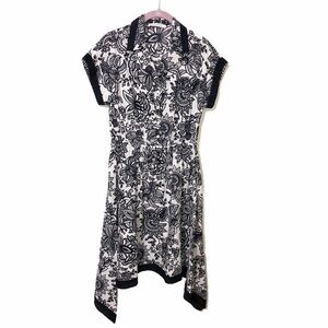 Pell & Co Black White Floral Shirtdress Size 2 Cotton Shark Bite Scarf Hem